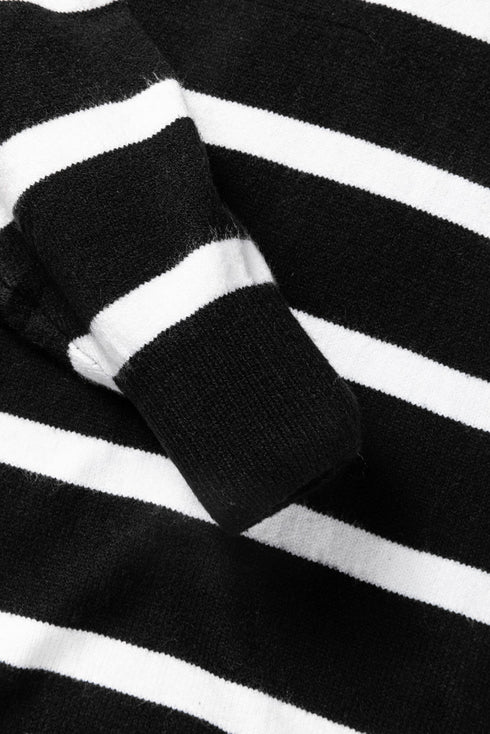 Striped O-Ring Zip Front Collared Drop Shoulder Long Sleeve Sweater Dress